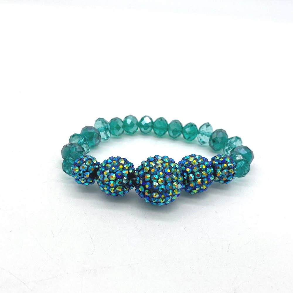 Teal Beaded Stretch Bracelet Iridescent AB Disco Ball‎ Rhinestone Pavé 7 Inch